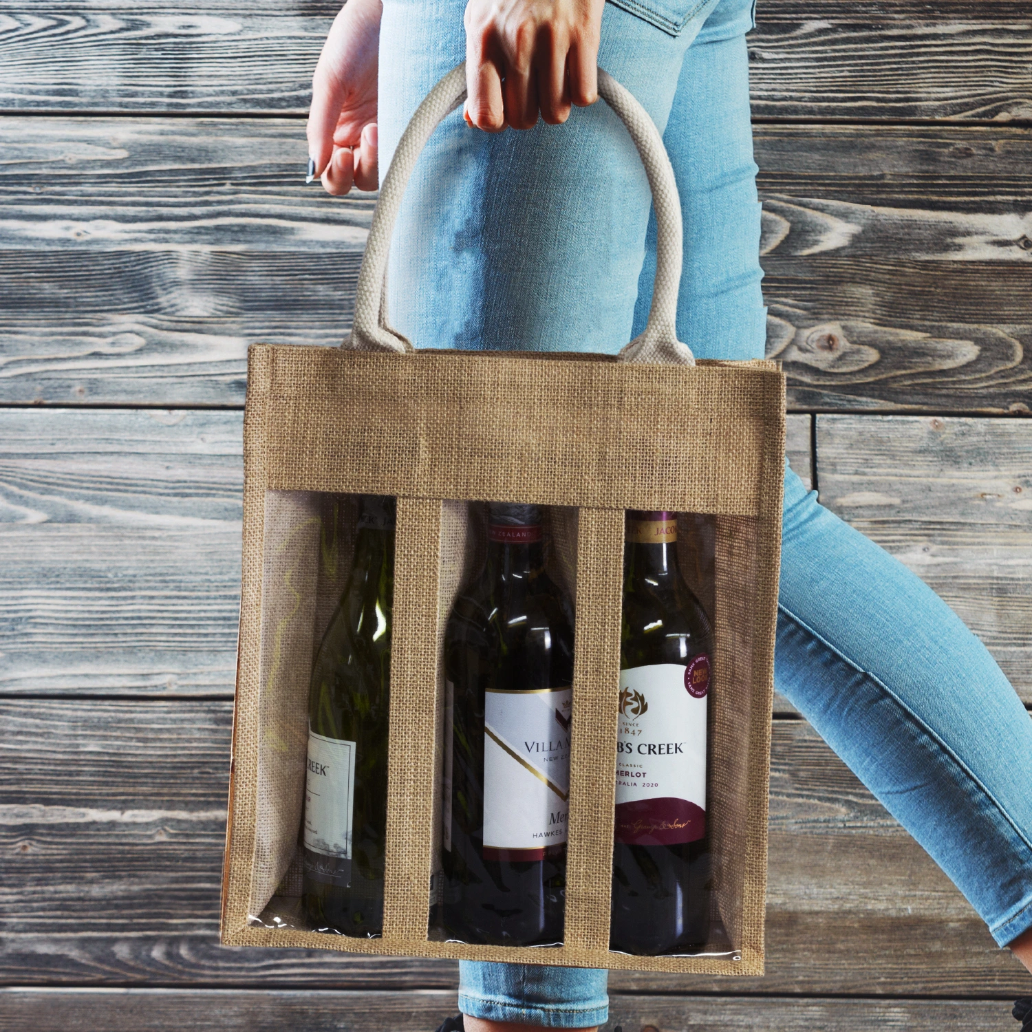 Custom Made Serena Jute Triple Wine Carrier Bags Feature Online in Perth Australia